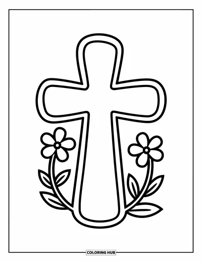 Dibujo de cruces para colorear para niños: Una cruz de líneas gruesas con suaves enredaderas de flores abajo sobre fondo blanco