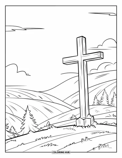 Dibujo de cruces para colorear para niños: Una cruz rústica se alza en una colina mientras las nubes se agrupan tras un campanario