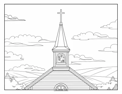 Dibujo de cruces para colorear para niños: Una ventana enmarca el campanario de una iglesia con nubes sobre las colinas