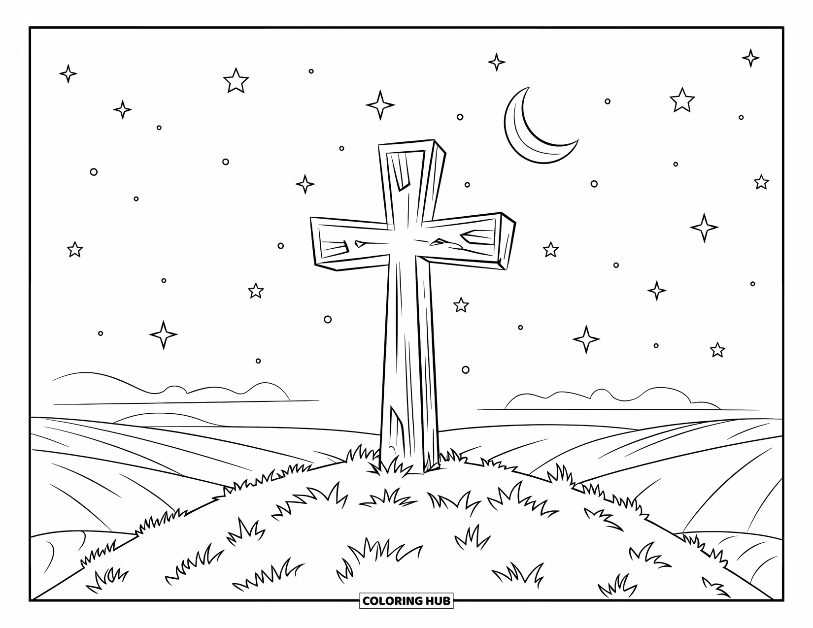 Cross Coloring Page for Kids: A wooden cross rests on a hilltop under a crescent moon and stars