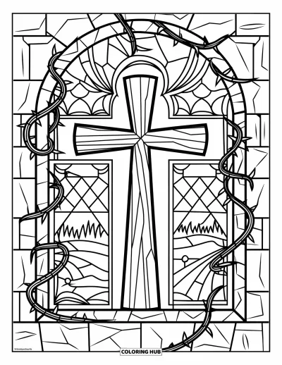 Dibujo de cruces para colorear para niños: Una cruz de madera bajo un arco agrietado con enredaderas retorcidas