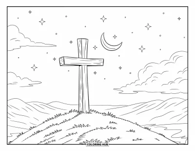 Dibujo de cruces para colorear para niños: Una cruz de madera contempla las estrellas desde una colina tranquila