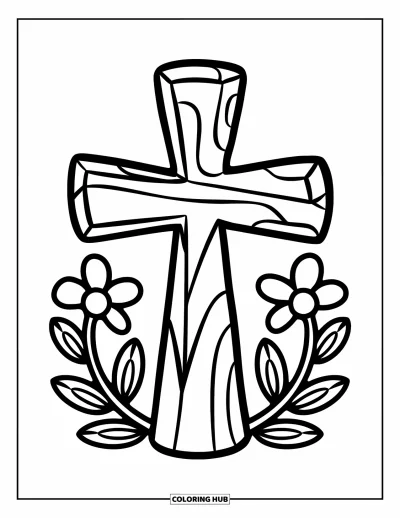 Dibujo de cruces para colorear para niños: Una cruz estilo madera con suaves enredaderas de flores en la parte inferior