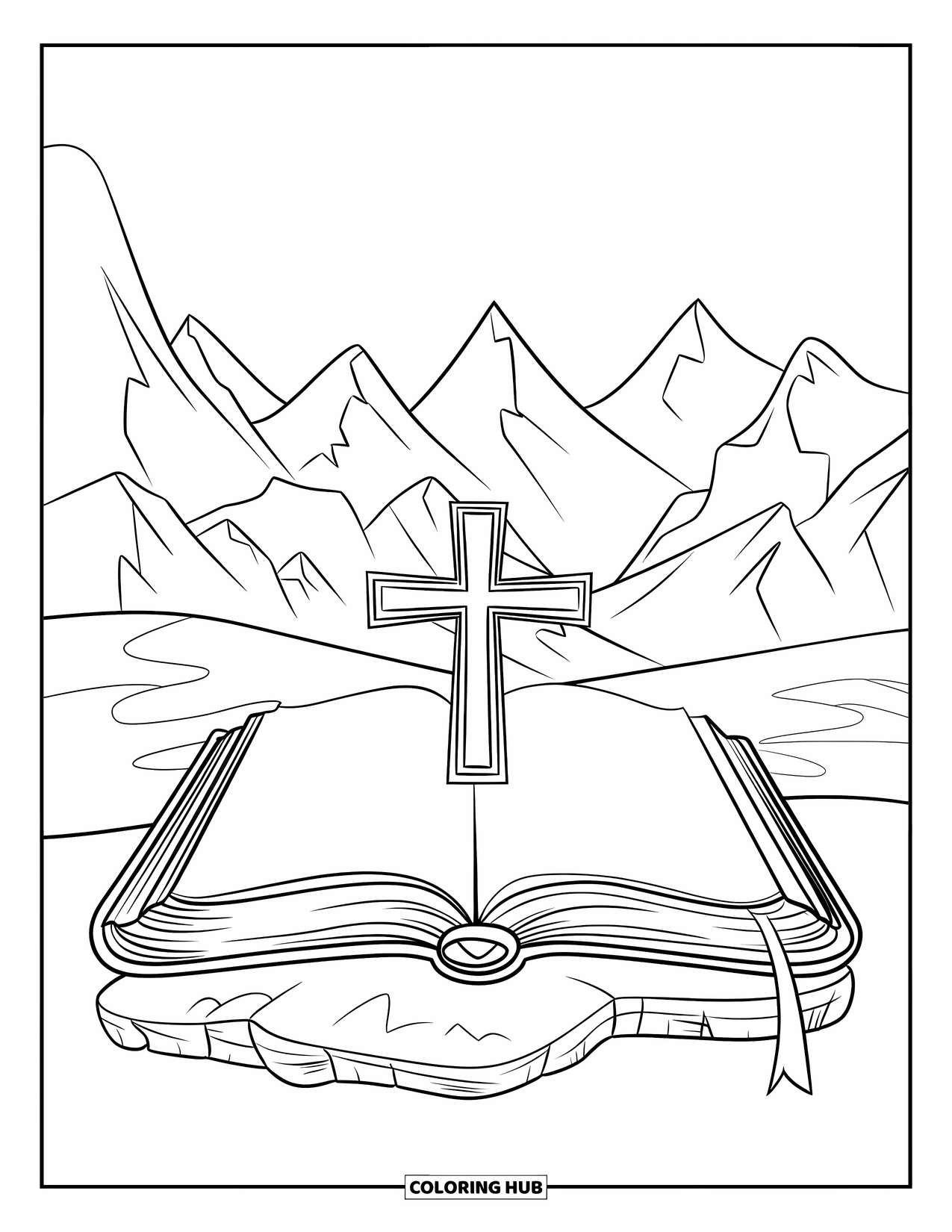 Cross Coloring Page for Kids: An open Bible on a stone with a cross rising and mountains in the distance
