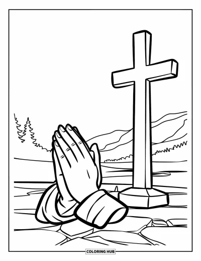 Dibujo de cruces para colorear para niños: Manos unidas en oración junto a una cruz alta bajo un cielo tranquilo
