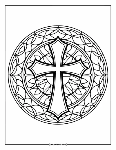 Dibujo de cruces para colorear para niños: Formas repetidas y contornos llamativos forman un círculo de vitral y una cruz
