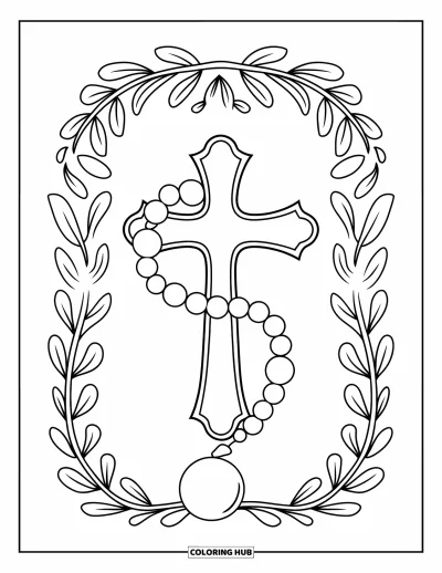 Dibujo de cruces para colorear para niños: Un rosario envuelve una cruz enmarcada por flores y hojas llamativas