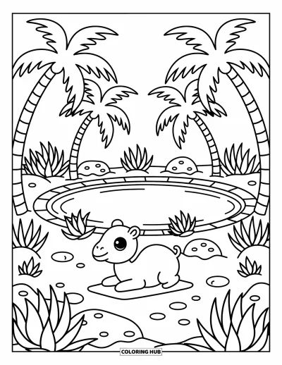 Coloriage de désert pour adultes : Un bébé chameau se détend près d'un étang dans une oasis paisible bordée de palmiers