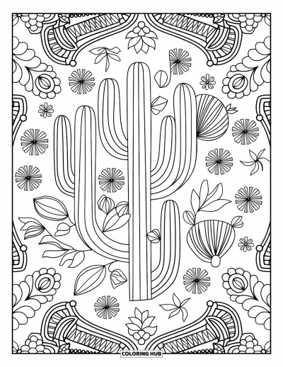 Coloriage de désert pour adultes : Un cactus en fleurs trône au cœur d'un mandala finement détaillé