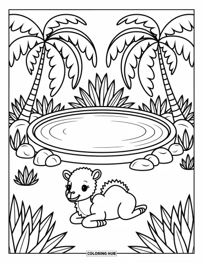 Coloriage de désert pour adultes : Un étang calme trône au cœur d'une oasis avec un bébé chameau qui se repose à proximité