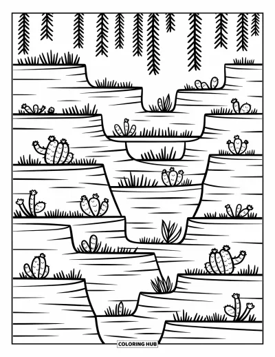 Coloriage de désert pour adultes : Un canyon aux falaises superposées abrite des lianes, des fleurs et de joyeux petits oiseaux