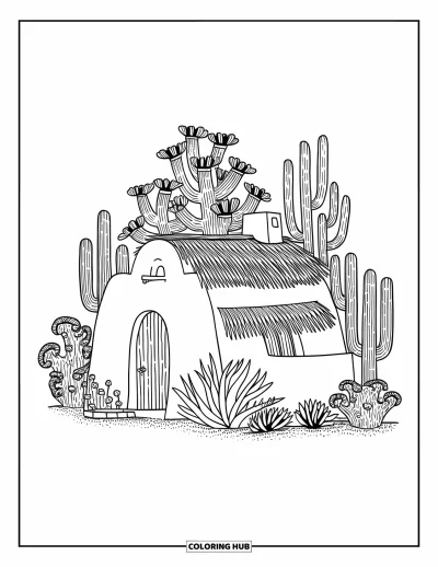 Coloriage de désert pour adultes : Une maison en adobe chaleureuse entourée de cactus dans un cadre désertique paisible