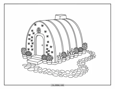 Coloriage de désert pour adultes : Une maison du désert chaleureuse avec des plantes grasses et un chemin sinueux invite à entrer