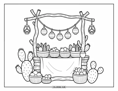 Coloriage de désert pour adultes : Un marché chaleureux propose des paniers de marchandises sous des lanternes avec de joyeux cactus alentour