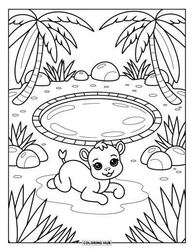 Coloriage de désert pour adultes : Une oasis accueillante avec des aloès et des palmiers entoure un bébé chameau espiègle