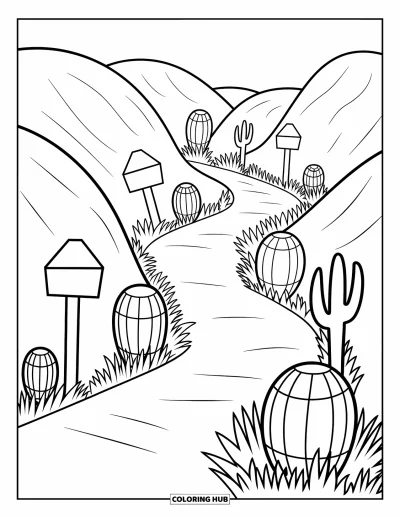 Coloriage de désert pour adultes : Un sentier plaisant serpente entre des collines avec des panneaux amusants, des cactus et des touffes d'herbe