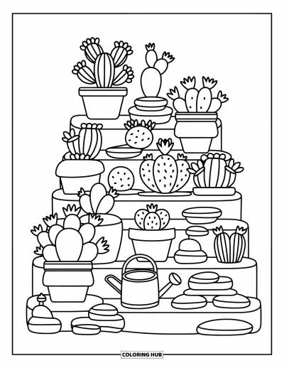 Coloriage de désert pour adultes : Un joli arrosoir repose près de cactus et de fleurs dans un jardin désertique en terrasses