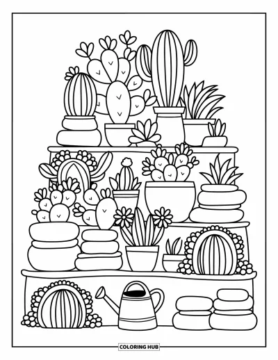Coloriage de désert pour adultes : Un jardin désertique s'étage en couches avec des cactus, des fleurs, des pots et un arrosoir
