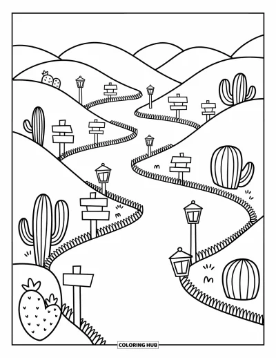 Coloriage de désert pour adultes : Un sentier désertique serpente entre des collines ornées de lanternes, de panneaux et d'herbes sèches