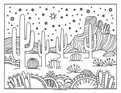Coloriage de désert pour adultes : Un horizon désertique révèle des cactus et des silhouettes rocheuses sous un ciel étoilé