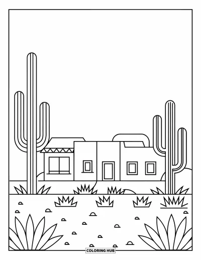 Coloriage de désert pour adultes : Une maison en adobe à toit bombé se dresse paisiblement parmi des plantes du désert aux motifs délicats