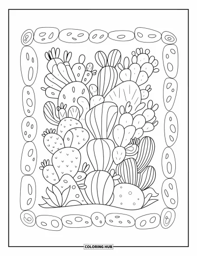 Coloriage de désert pour adultes : Une composition espiègle de cactus entourée d'un anneau de galets du désert au trait