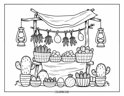 Coloriage de désert pour adultes : Un étal de marché animé présente des herbes, des fruits et de la poterie entourés de cactus souriants