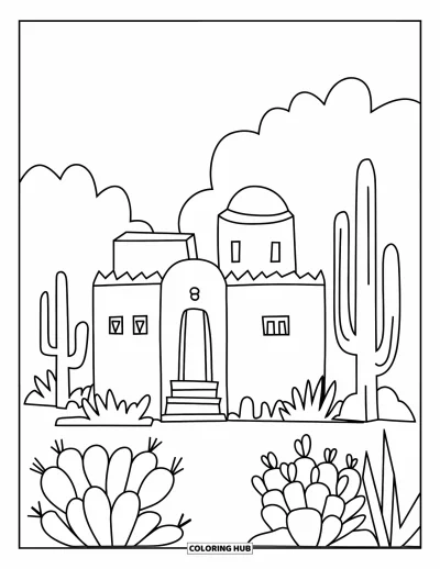 Coloriage de désert pour adultes : Une maison en adobe arrondie repose près de petits cactus sur un sol désertique plat