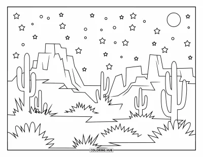 Coloriage de désert pour adultes : Un paysage désertique en silhouette brille doucement sous les étoiles et le croissant de lune