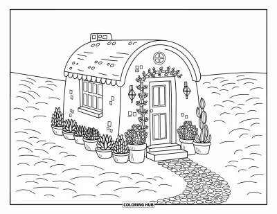 Coloriage de désert pour adultes : Une petite maison en adobe enveloppée de lianes est bordée de joyeuses plantes grasses