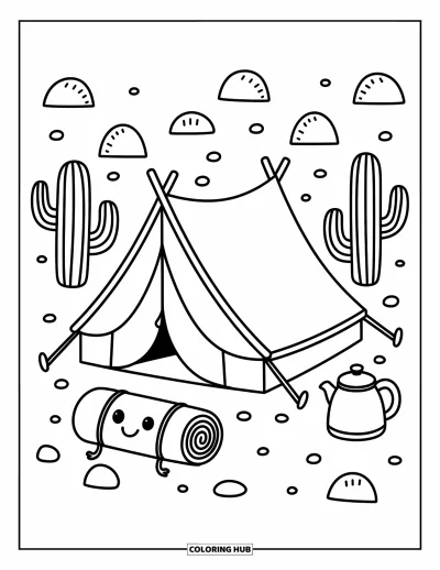 Coloriage de désert pour adultes : Une petite tente nichée entre des cactus et des rochers avec une bouilloire et un sac de couchage