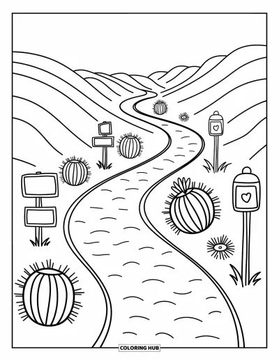 Coloriage de désert pour adultes : Un sentier désertique sinueux est bordé de panneaux, de cactus et de lampadaires à lanternes
