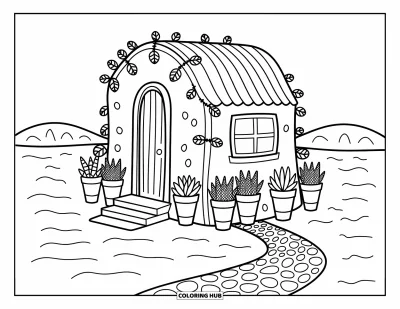 Coloriage de désert pour adultes : Une maison en adobe avec des plantes grasses en pots se dresse tranquillement sur un chemin de galets sinueux