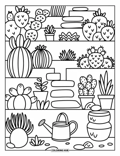Coloriage de désert pour adultes : Des cactus en fleurs et des pierres empilées garnissent un paisible jardin désertique en terrasses
