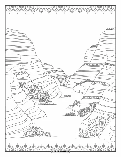 Coloriage de désert pour adultes : De larges strates de canyon et des dunes aux motifs s'étendent dans un décor désertique tranquille