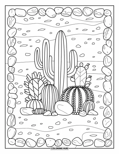 Coloriage de désert pour adultes : Des cactus aux formes affirmées à l'intérieur d'une bordure rocheuse sur le sol sableux du désert