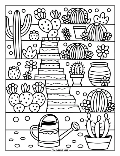 Coloriage de désert pour adultes : Des cactus et des pots garnissent un jardin en niveaux avec un petit arrosoir en bas