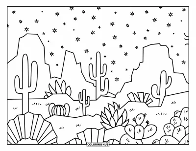 Coloriage de désert pour adultes : Des cactus et des rochers se dressent sous un ciel étoilé dans une silhouette désertique apaisante
