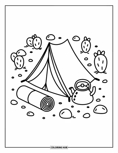 Coloriage de désert pour adultes : Des cactus et de douces pierres entourent une scène de tente chaleureuse avec une bouilloire près du foyer