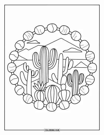 Coloriage de désert pour adultes : Des cactus aux formes variées se dressent fièrement parmi des pierres éparpillées sur un sol sableux