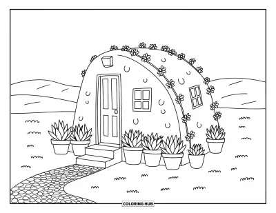 Coloriage de désert pour adultes : Des lianes grimpantes et des plantes en pot décorent une petite maison en adobe dans le sable