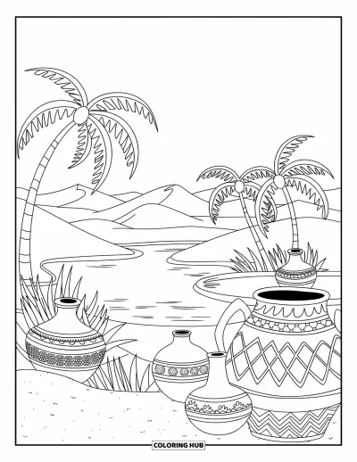 Coloriage de désert pour adultes : De la poterie décorée et des palmiers encadrent un étang immobile dans une oasis du désert