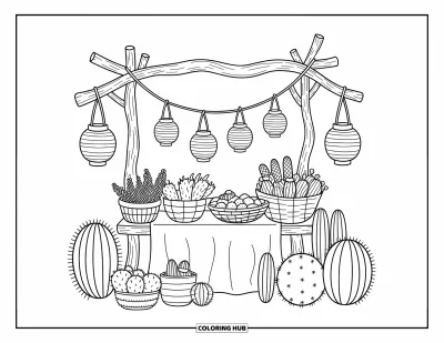 Coloriage de désert pour adultes : Des herbes séchées et de la poterie sont exposées sous des lanternes dans un étal entouré de petits cactus