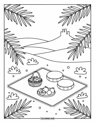Coloriage de désert pour adultes : Des paniers de fruits et des coussins reposent sur une couverture du désert face à une vue de mesa