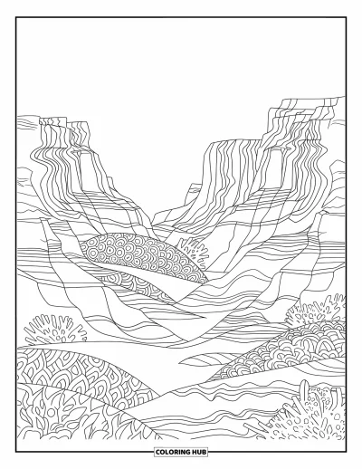 Coloriage de désert pour adultes : Des strates rocheuses et de douces dunes composent un paisible canyon désertique