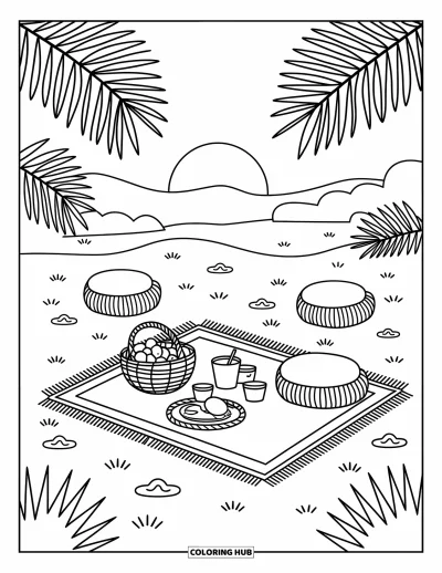 Coloriage de désert pour adultes : Des feuilles de palmier et des coussins confortables entourent un pique-nique face à une mesa lointaine