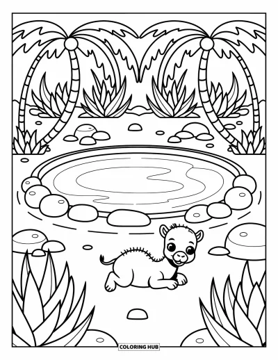 Coloriage de désert pour adultes : Des palmiers et des aloès entourent un étang tranquille avec un bébé chameau à proximité