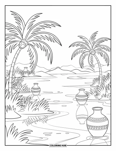 Coloriage de désert pour adultes : Des palmiers ombragent un bassin tranquille et des pots dans une oasis désertique chaleureuse