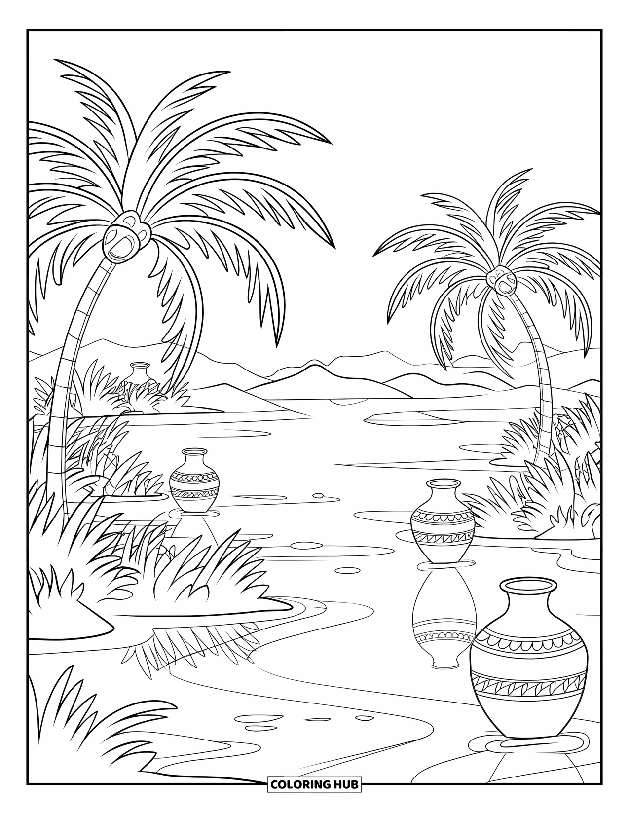 Desert Coloring Page for Adults: Palm trees shade a quiet pool and pots in a warm desert oasis