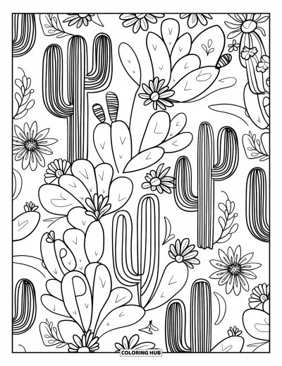 Coloriage de désert pour adultes : Des cactus répétés forment un mandala apaisant aux touches florales du désert